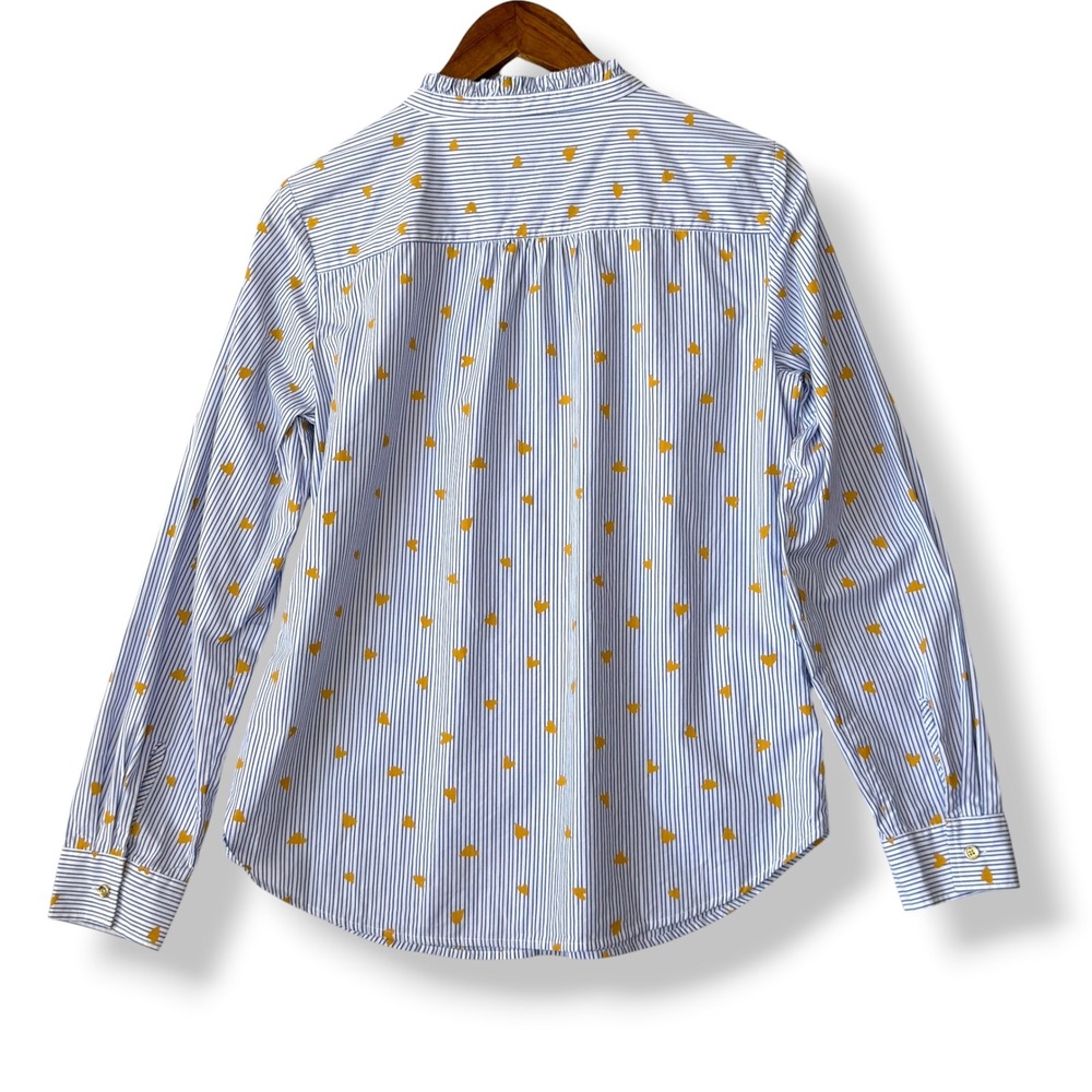 Talbots Button Up Blouse S Blue White Striped Gold Heart 100% Cotton Ruffle - Picture 2 of 11